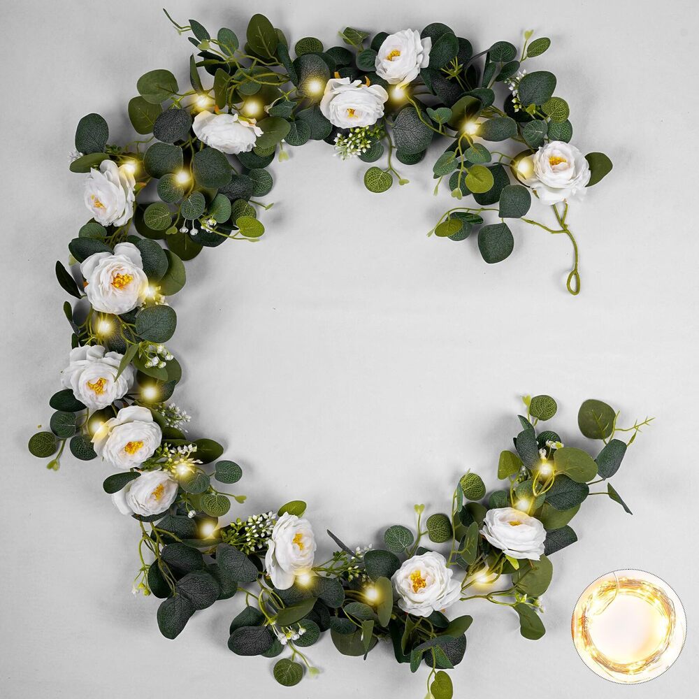 9159 2 Pack Artificial Eucalyptus Flower Garland with Lights,6.07ft